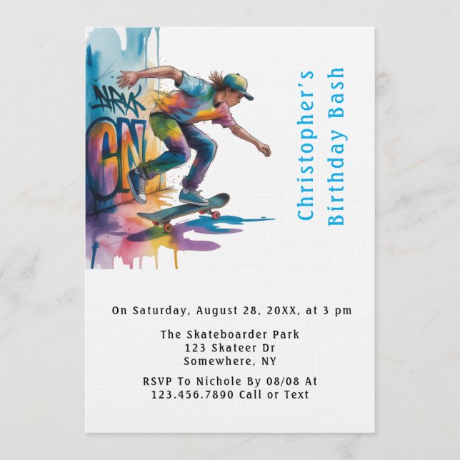 Invitación Fiesta de cumpleaños del patinador con grafitis co (Anverso)