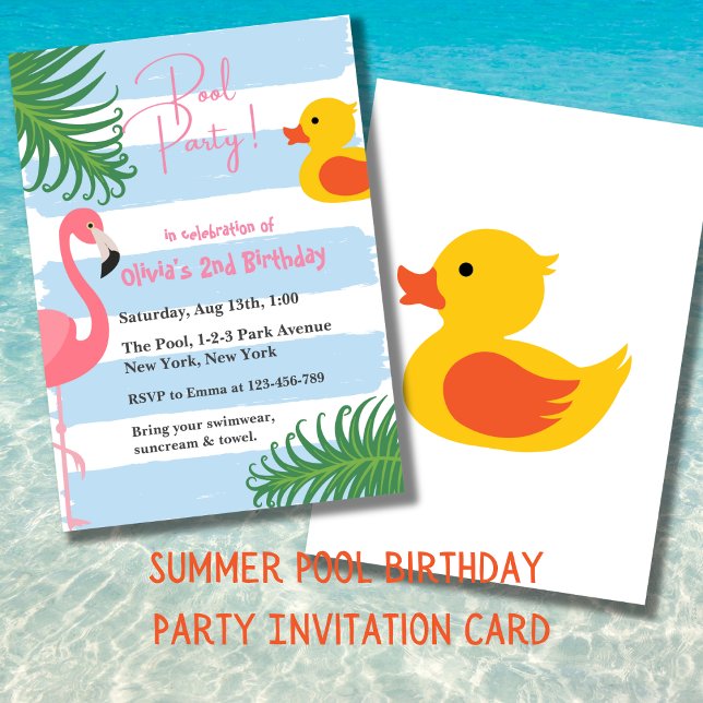 Invitación Fiesta de cumpleaños del pato de goma Flamingo (Summer Pool Party Birthday Invitation Card. Splash !)