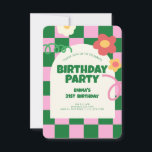 Invitación Fiesta de cumpleaños del patrón del verificador ro<br><div class="desc">Fiesta de cumpleaños del patrón del verificador rosa verde retro</div>