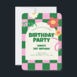 Invitación Fiesta de cumpleaños del patrón del verificador ro<br><div class="desc">Fiesta de cumpleaños del patrón del verificador rosa verde retro</div>