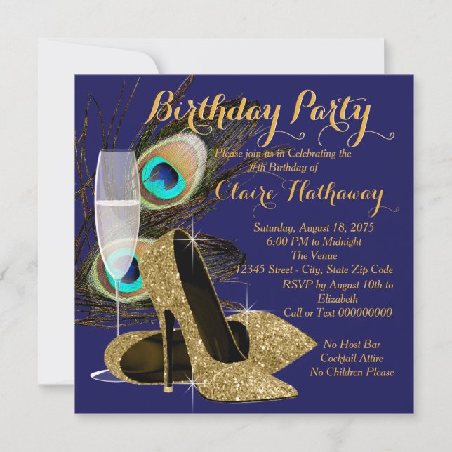Invitación Fiesta de cumpleaños del pavo real (Anverso)