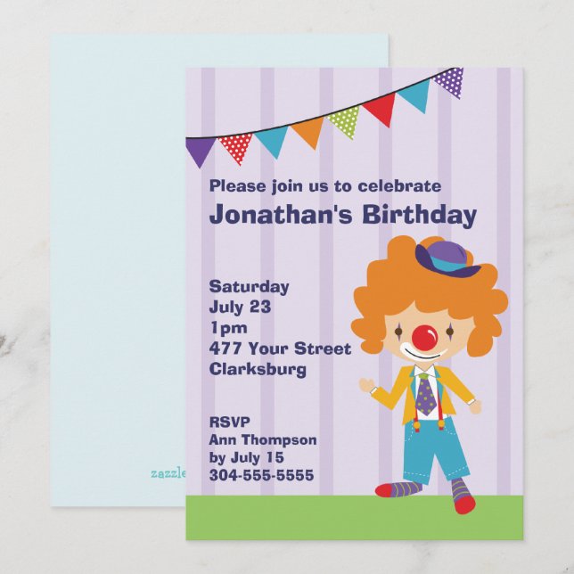 Invitación Fiesta de cumpleaños del payaso del circo (Anverso / Reverso)