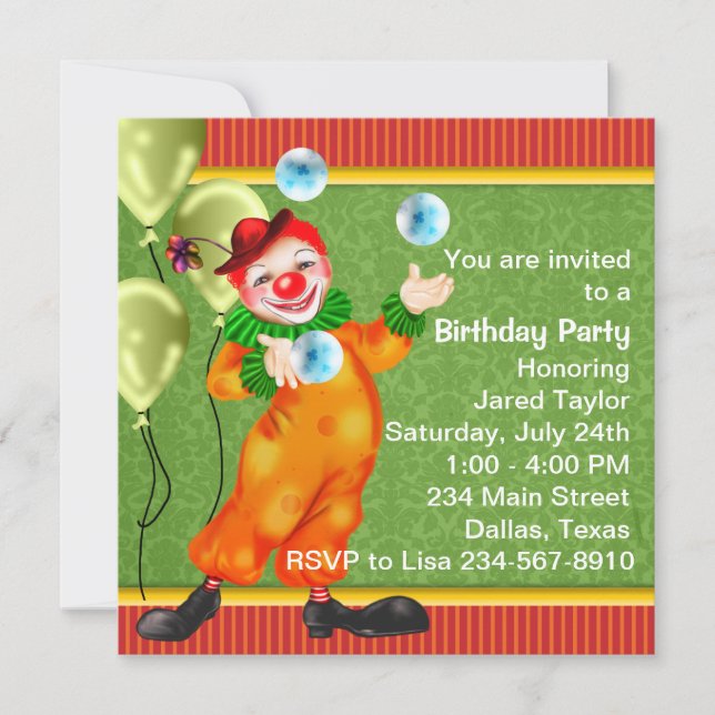 Invitación Fiesta de Cumpleaños del Payaso Feliz del Circo (Anverso)