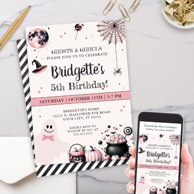 Invitación Fiesta de cumpleaños del pequeño boo rosado en Hal (Modern pink halloween theme birthday party invitation for girly halloween party invites with ghost)