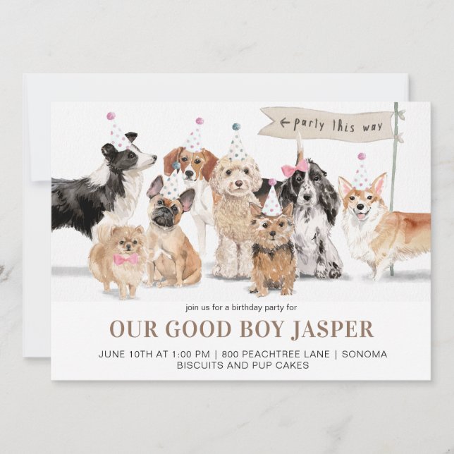 Invitación Fiesta de cumpleaños del perro acuarela (Anverso)