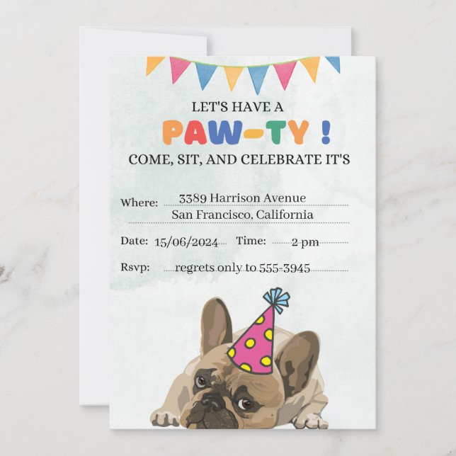 Invitación Fiesta de cumpleaños del perro de pug Puppy Paw-ty (Anverso)