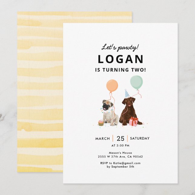 Invitación Fiesta de cumpleaños del perro de Puppy Pawty (Anverso / Reverso)