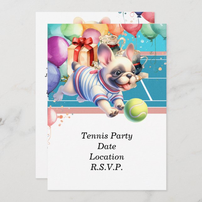 Invitación Fiesta de cumpleaños del perro de tenis (Anverso / Reverso)