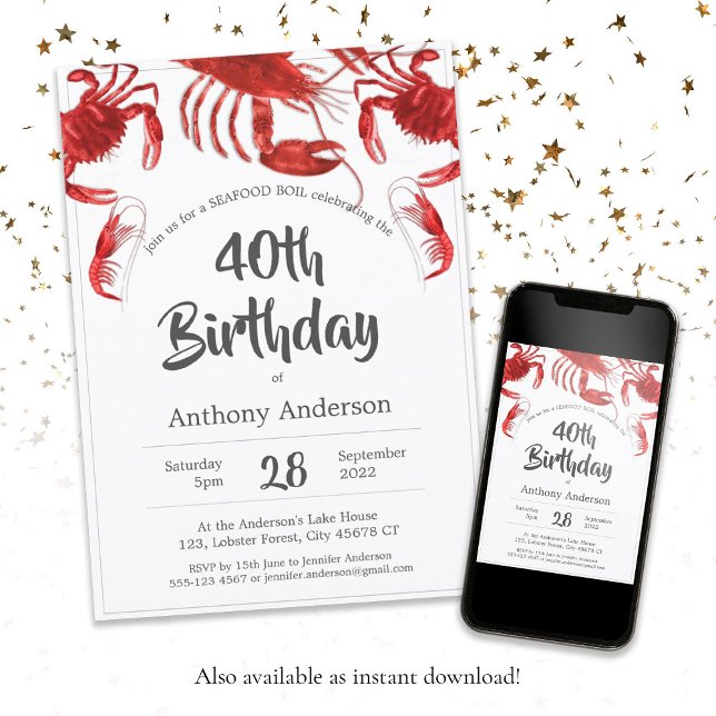 Invitación Fiesta de cumpleaños del Personalizado Blanco Rojo (Seafood Boil Red White Custom Birthday Party Invitation)