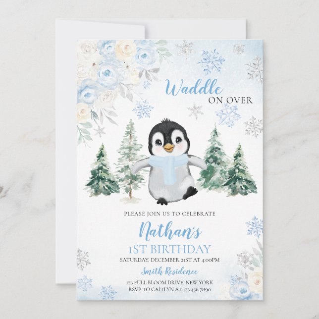 Invitación Fiesta de cumpleaños del pingüino azul de invierno (Anverso)