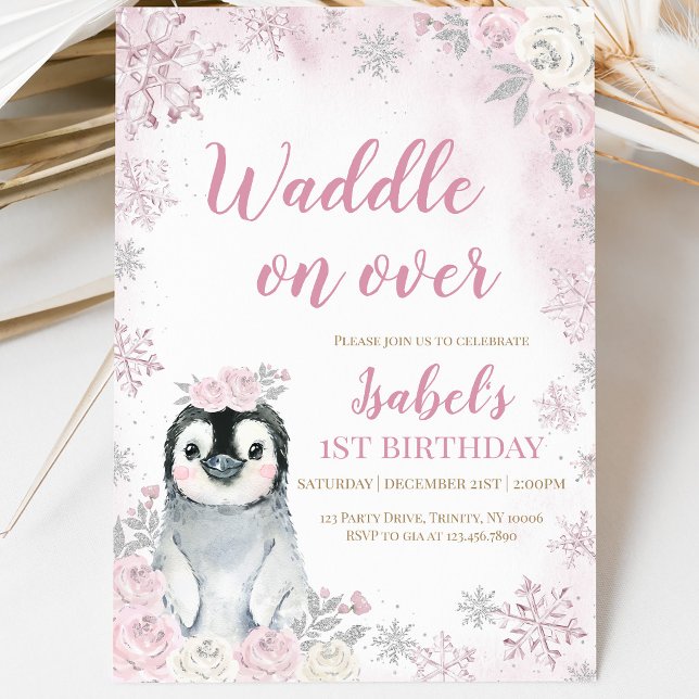 Invitación Fiesta de Cumpleaños del Pingüino de Invierno Rosa (Subido por el creador)
