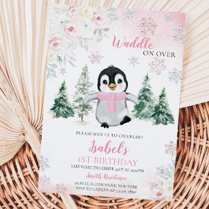 Invitación Fiesta de Cumpleaños del Pingüino de Invierno Rosa