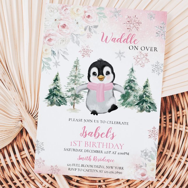 Invitación Fiesta de Cumpleaños del Pingüino de Invierno Rosa (Subido por el creador)