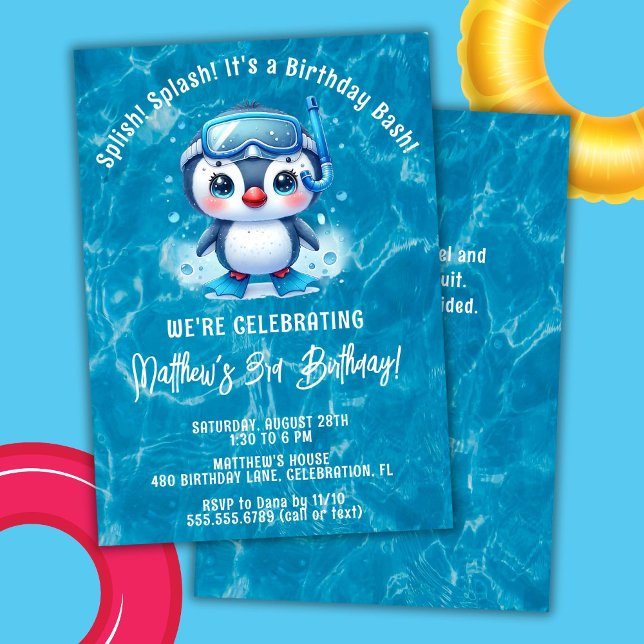 Invitación Fiesta de cumpleaños del pingüino Splash Boy Splas (Subido por el creador)