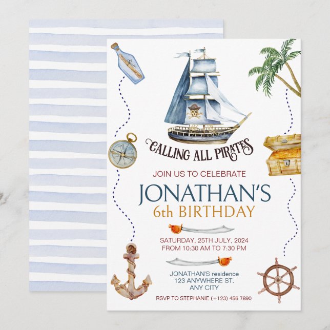 Invitación Fiesta de cumpleaños del pirata (Anverso / Reverso)