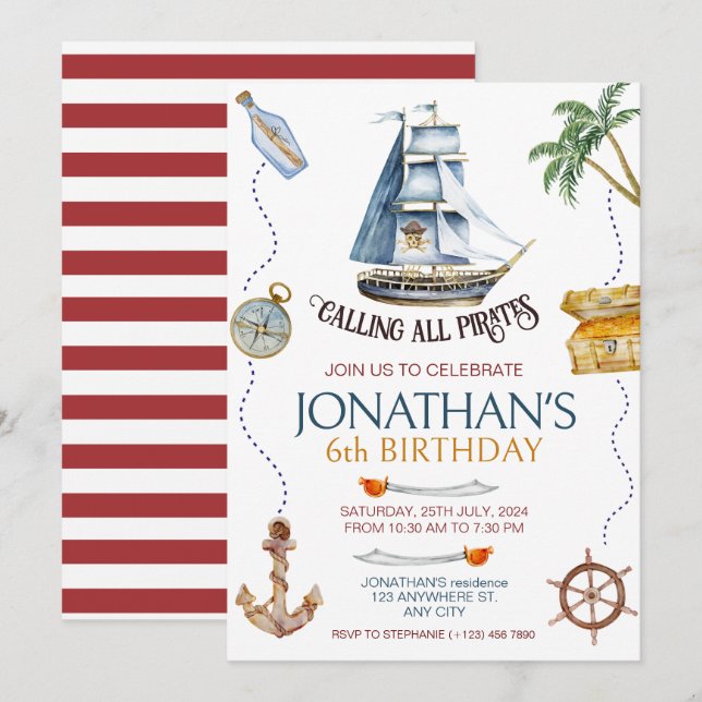 Invitación Fiesta de cumpleaños del pirata (Anverso / Reverso)