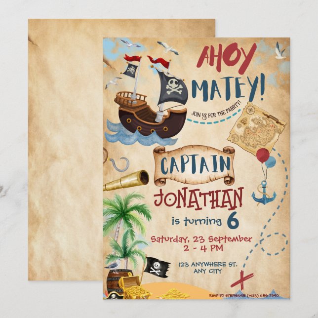 Invitación Fiesta de cumpleaños del pirata (Anverso / Reverso)