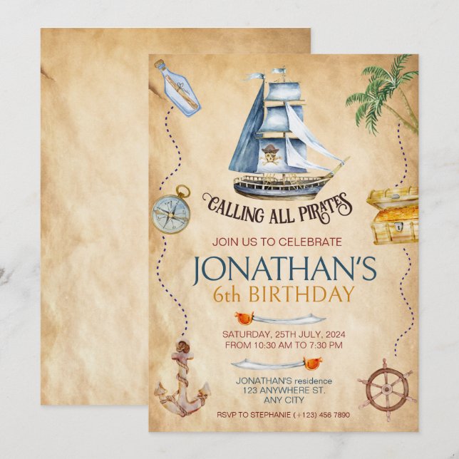 Invitación Fiesta de cumpleaños del pirata (Anverso / Reverso)