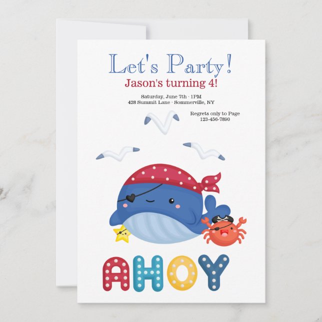 Invitación Fiesta de cumpleaños del pirata de ballenas (Anverso)
