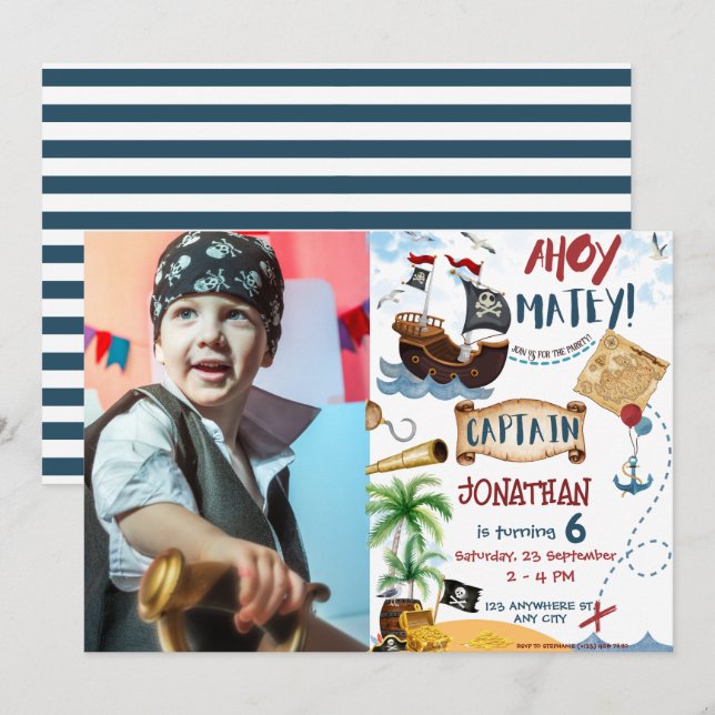 Invitación Fiesta de cumpleaños del pirata fotográfico (Anverso / Reverso)