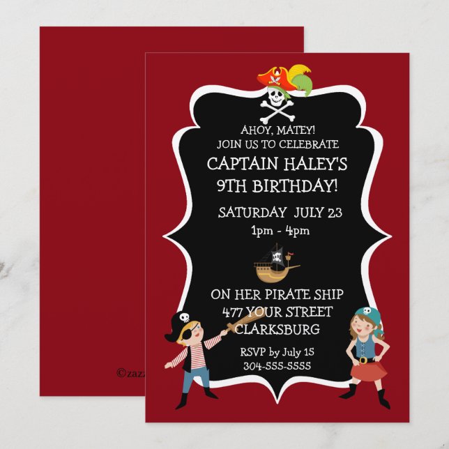Invitación Fiesta de cumpleaños del pirata infantil (Anverso / Reverso)
