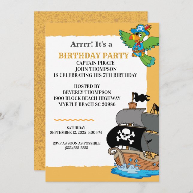Invitación Fiesta de cumpleaños del pirata lindo (Anverso / Reverso)