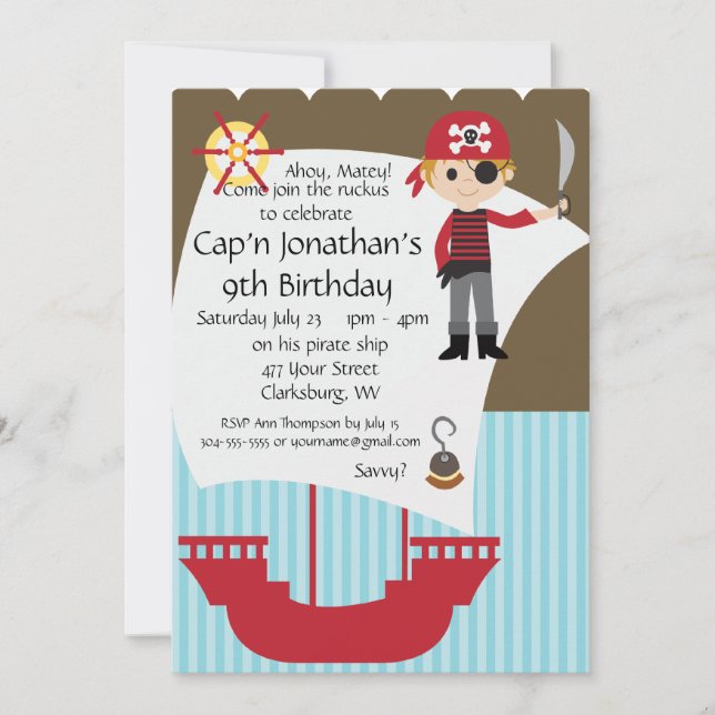 Invitación Fiesta de cumpleaños del pirata Savvy (Anverso)