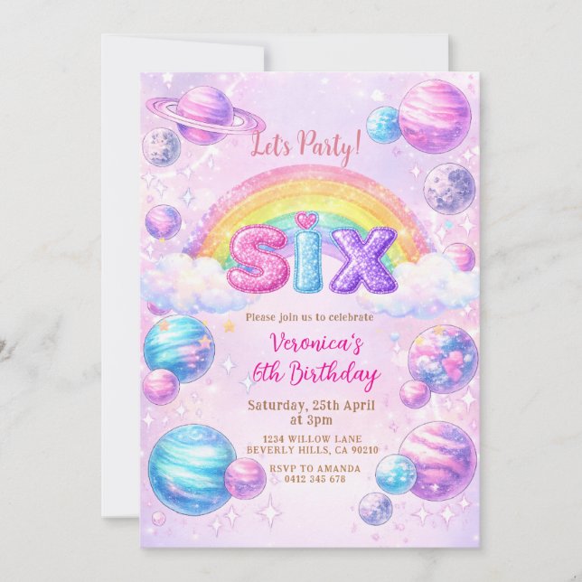 Invitación Fiesta de Cumpleaños del Planeta Espacio Arcoíris (Anverso)