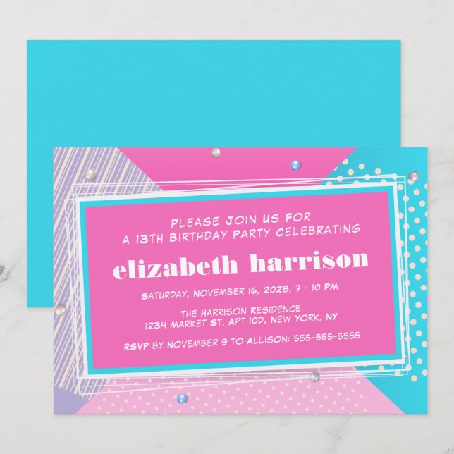Invitación Fiesta de cumpleaños del Pop Art de la Retro 80 (Anverso / Reverso)
