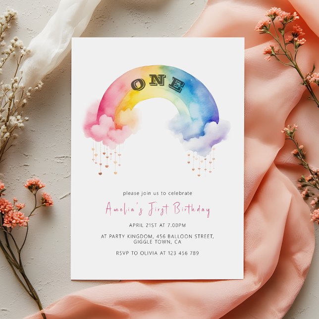 Invitación Fiesta de cumpleaños del primer año de bebé arcoír (Subido por el creador)
