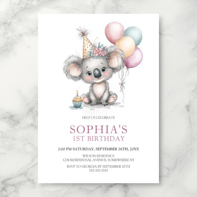 Invitación Fiesta de cumpleaños del primer año de Koala Lindo (Subido por el creador)