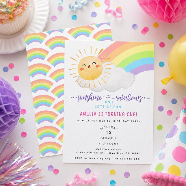 Invitación Fiesta de Cumpleaños del Primer Año de Sol y Arcoí (Sunshine and Rainbows First Birthday Party Invitation)