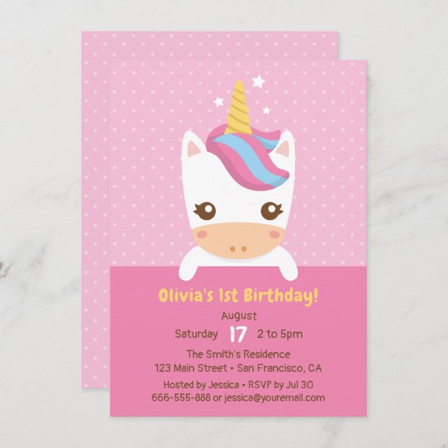 Invitación Fiesta de cumpleaños del primer bebé unicornio (Anverso / Reverso)