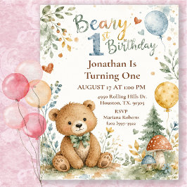 Invitación Fiesta de cumpleaños del primer oso de acuarela Be