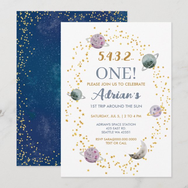 Invitación Fiesta de cumpleaños del primer viaje alrededor de (Anverso / Reverso)
