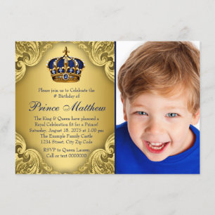 Invitación Fiesta de cumpleaños del Príncipe Azul Oro Corona 