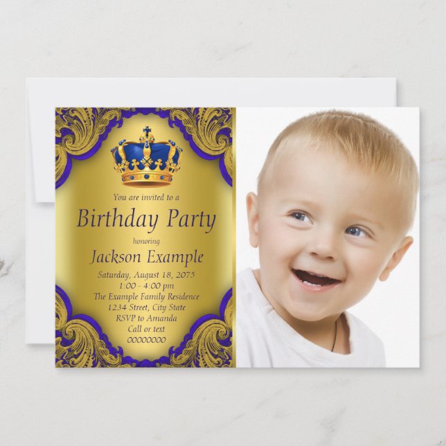 Invitación Fiesta de cumpleaños del príncipe azul y dorado (Anverso)