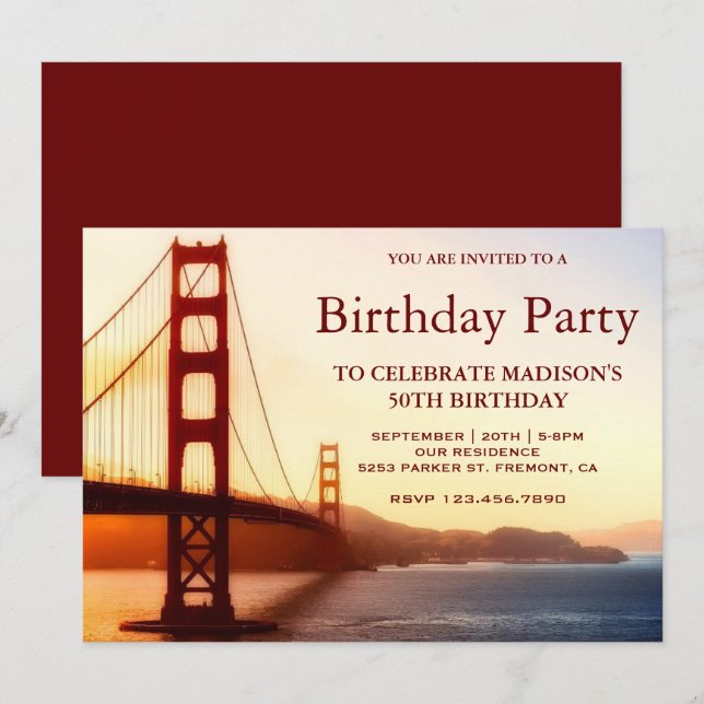 Invitación Fiesta de Cumpleaños del Puente Golden Gate (Anverso / Reverso)