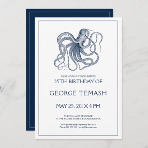 Invitación fiesta de cumpleaños del pulpo náutico azul Invita