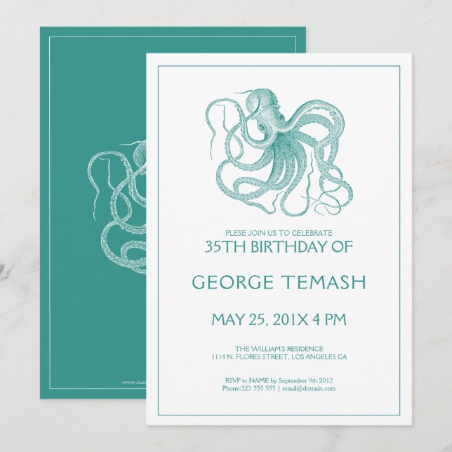 Invitación fiesta de cumpleaños del pulpo náutico verde-verde (Anverso / Reverso)