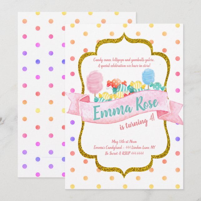 Invitación Fiesta de cumpleaños del Punto Polka Gold en Candy (Anverso / Reverso)