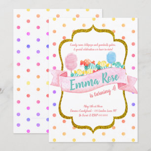 Invitación Fiesta de cumpleaños del Punto Polka Gold en Candy