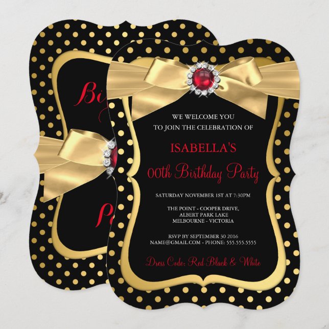 Invitación Fiesta de cumpleaños del Punto Polka Negro de Oro  (Anverso / Reverso)