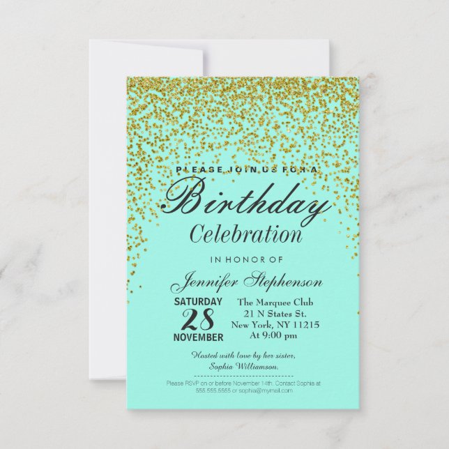Invitación Fiesta de cumpleaños del Purpurina Aqua Blue Gold  (Anverso)
