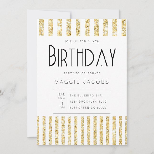 Invitación Fiesta de cumpleaños del Purpurina de oro de moda  (Anverso)