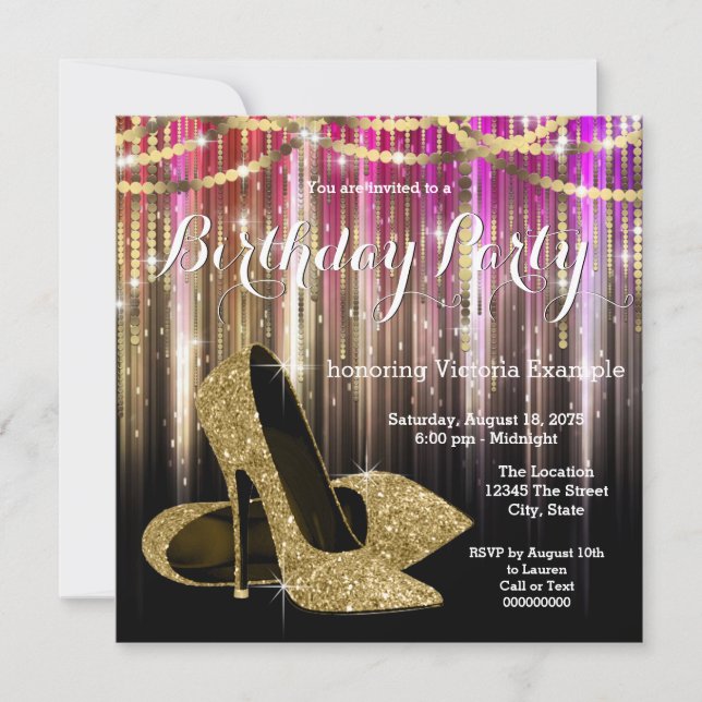 Invitación Fiesta de cumpleaños del Purpurina de oro Glam Hig (Anverso)