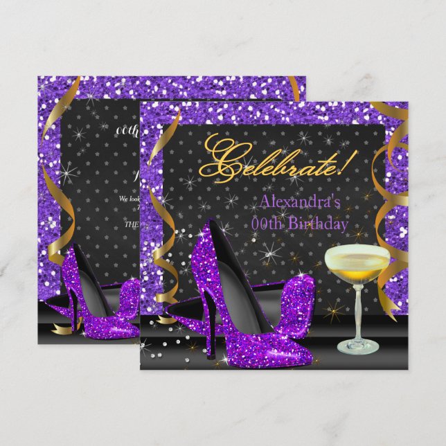 Invitación Fiesta de cumpleaños del Purpurina negro Purple Go (Anverso / Reverso)