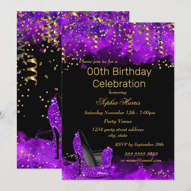 Invitación Fiesta de cumpleaños del purpurina negro Purple Hi (Anverso / Reverso)