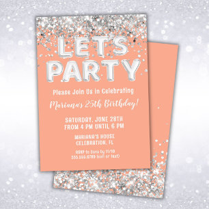 Invitación Fiesta de cumpleaños del Purpurina Peach Silver