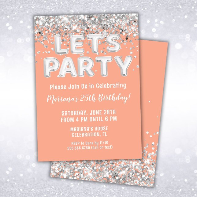 Invitación Fiesta de cumpleaños del Purpurina Peach Silver (Subido por el creador)